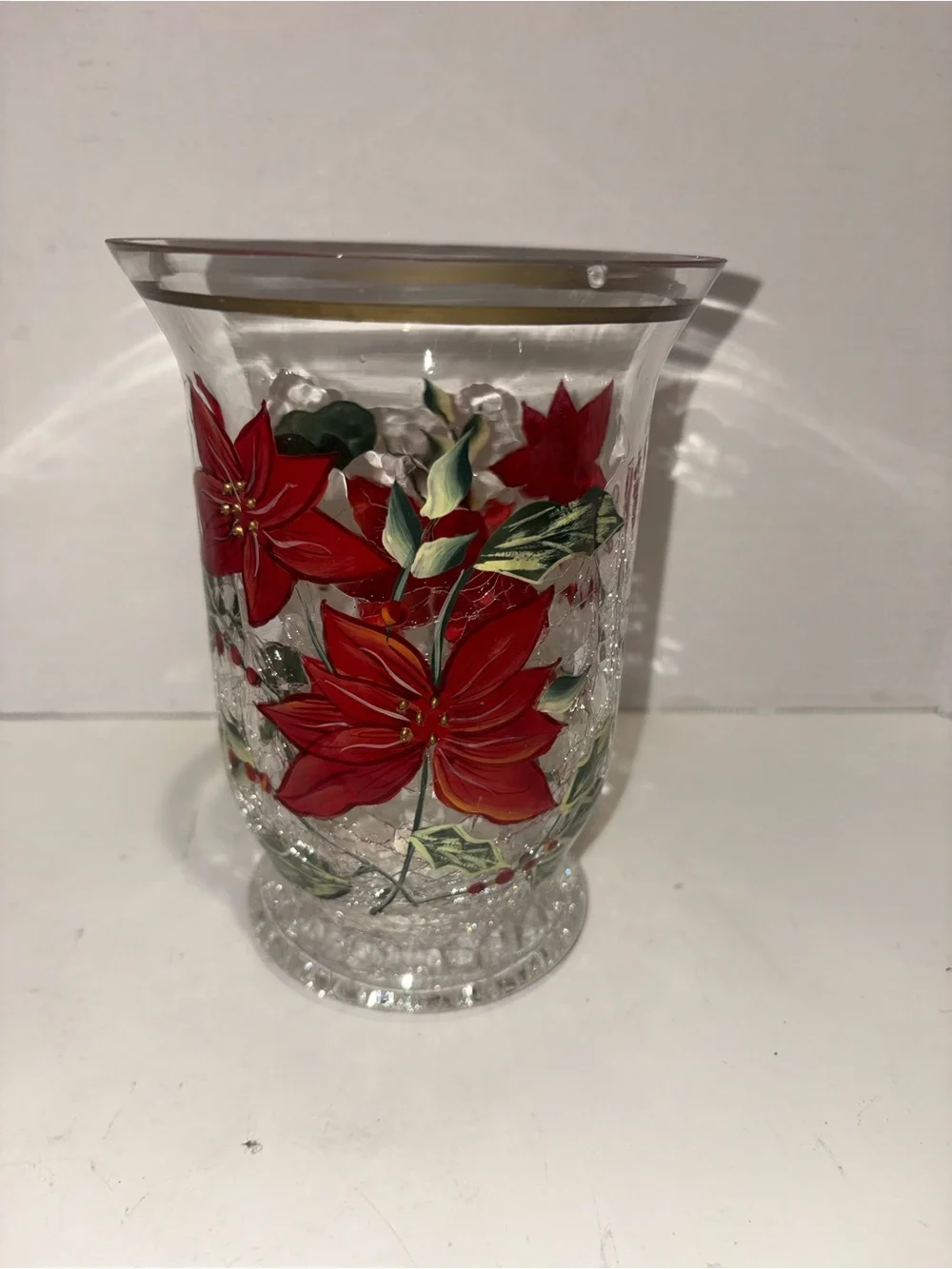 Hand-Painted Red Poinsettia Glass Vase with Gold Trim